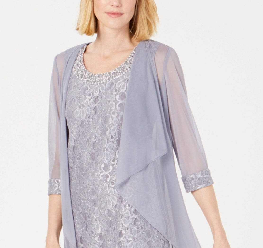 R & M Richards Women's Embellished Lace Sheath Dress & Jacket Gray Size 12