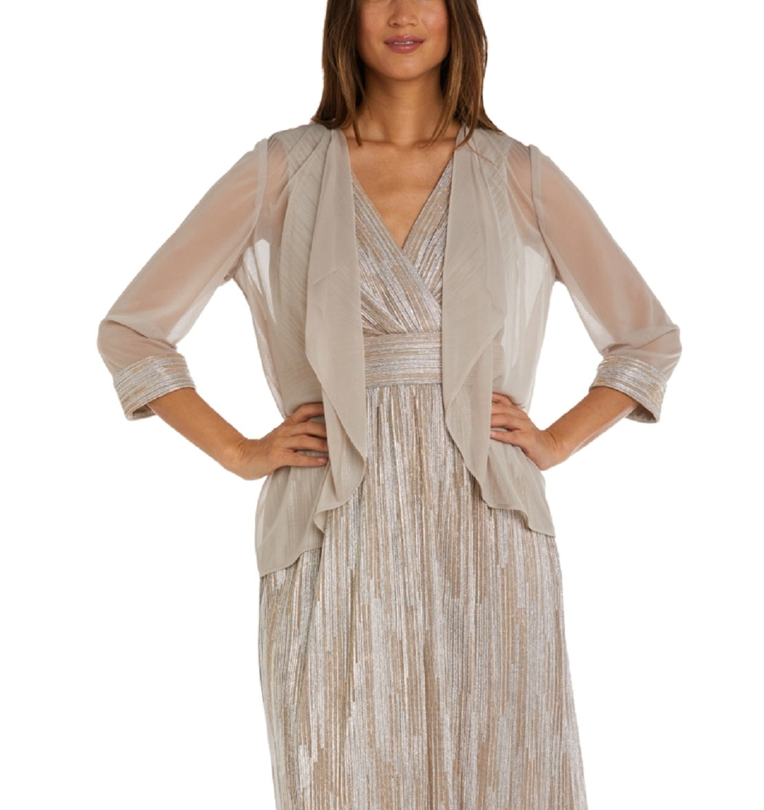 R & M Richards Women's 2 Pc Metallic Jacket & Dress Brown Size 14 Petite