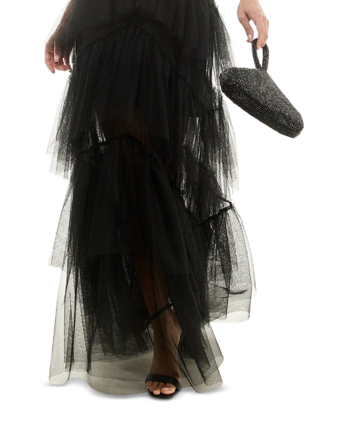 City Studios Junior's Off The Shoulder Tiered Mesh Gown Black Size 9