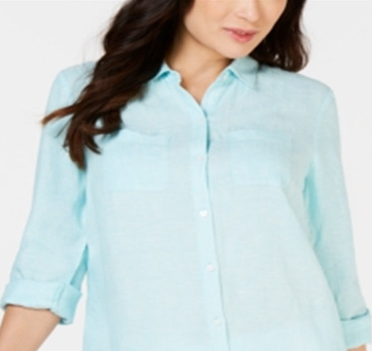 Charter Club Women's Linen Shirt Blue Size Small