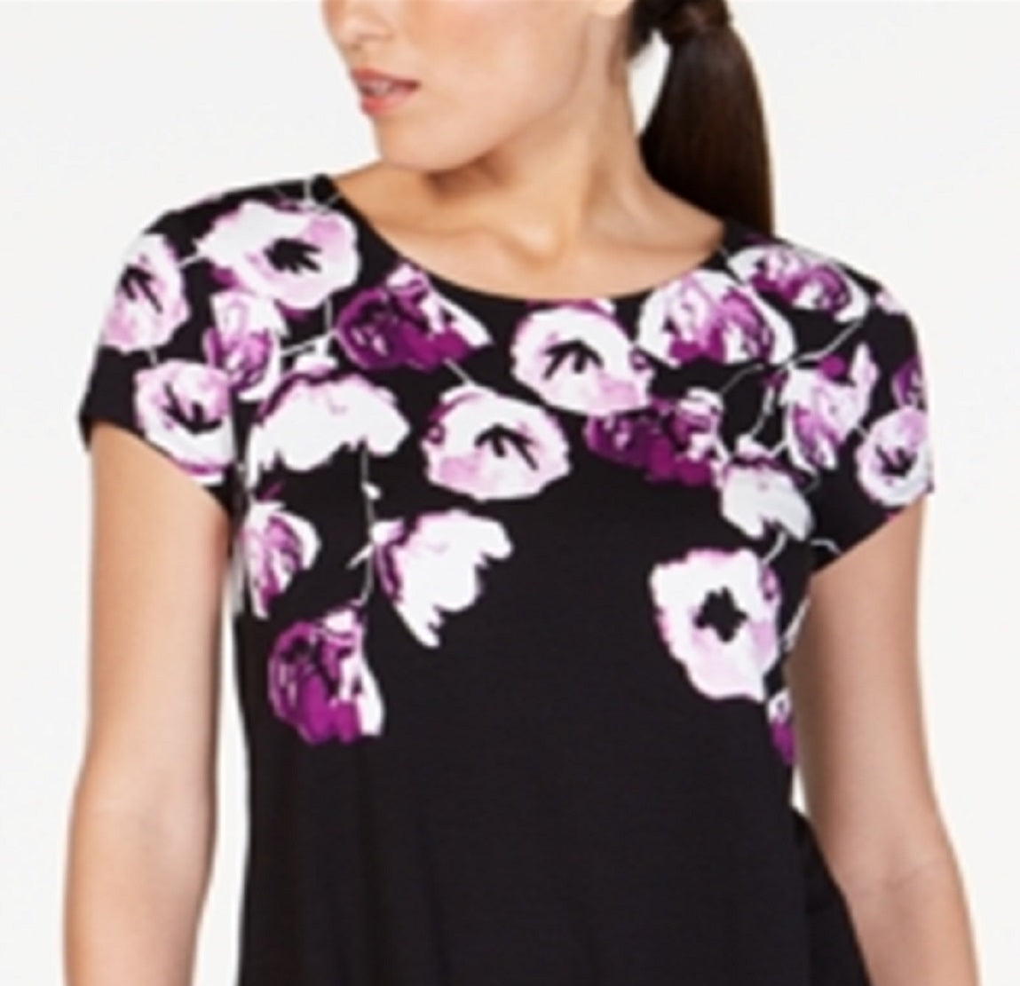 Alfani Women's Printed Round-Hem T-Shirt Black Size Petite S