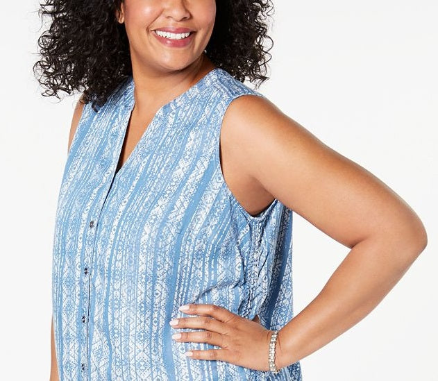 Style & Co Women's Plus Printed Split Neck Tank Top Blue Size 0X