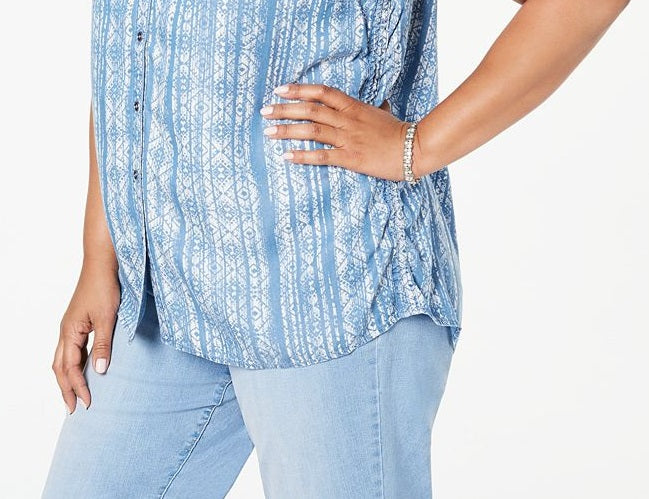 Style & Co Women's Plus Printed Split Neck Tank Top Blue Size 0X