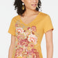 Style & Co Women's Floral Graphic V Neck Top Yellow Size Medium