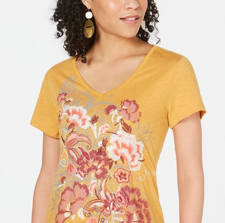 Style & Co Women's Floral Graphic V Neck Top Yellow Size Medium