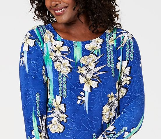JM Collection Women's 3/4 Sleeve Printed Jacquard Top Blue Size Medium