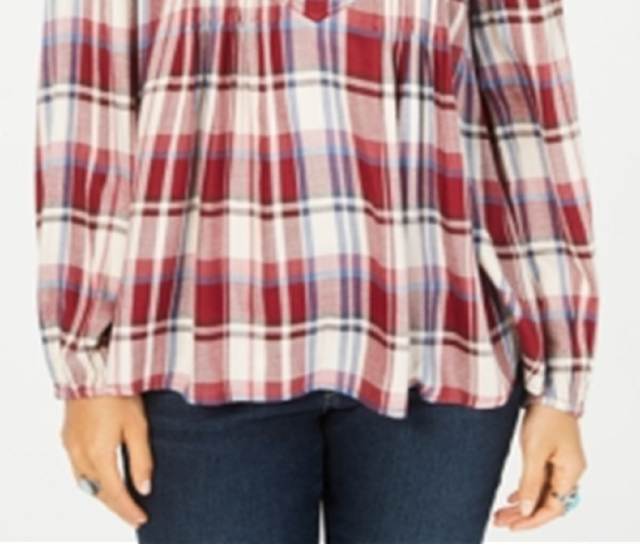 Style & Co Women's Plaid Split Neck Top Red Size Small