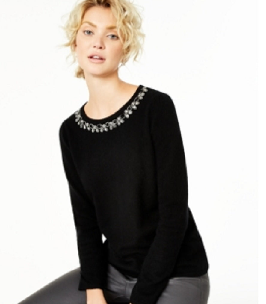 Charter Club Women's Cashmere Embellished Neck Sweater Black Size Large