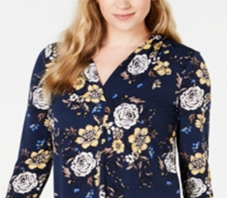Charter Club Women's Floral Print V Neck Top Blue Size Large