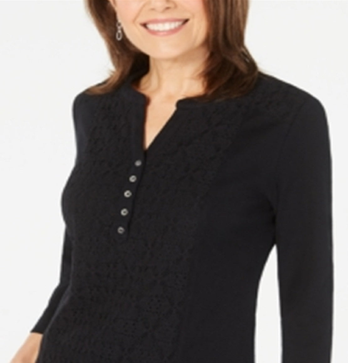 Karen Scott Women's Eyelet Front Cotton Henley Top Black Size Petite