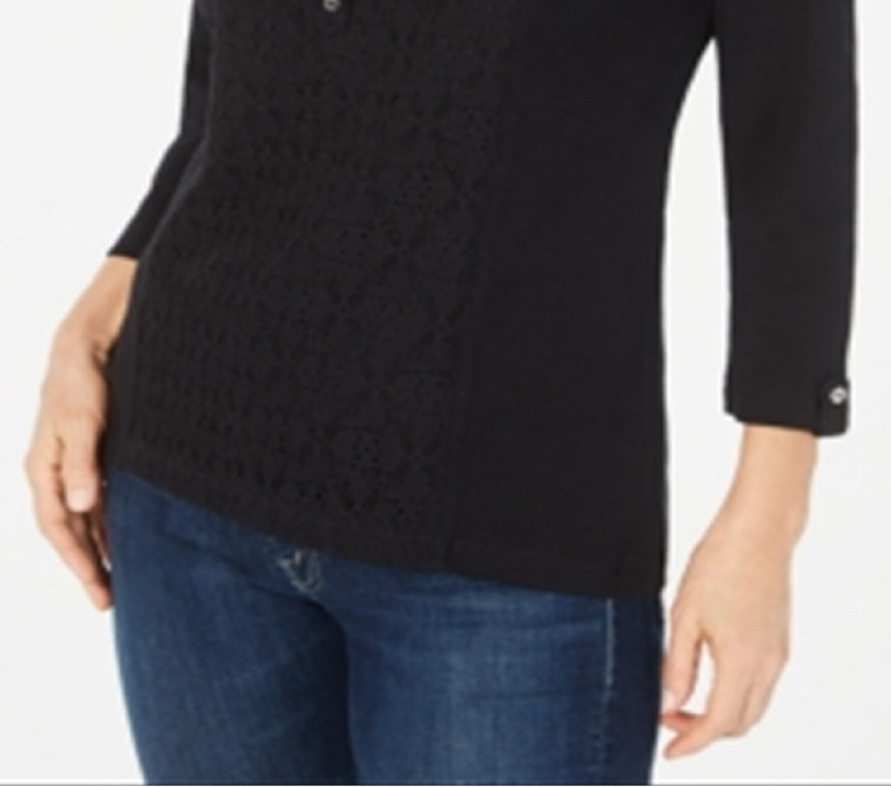 Karen Scott Women's Eyelet Front Cotton Henley Top Black Size Petite