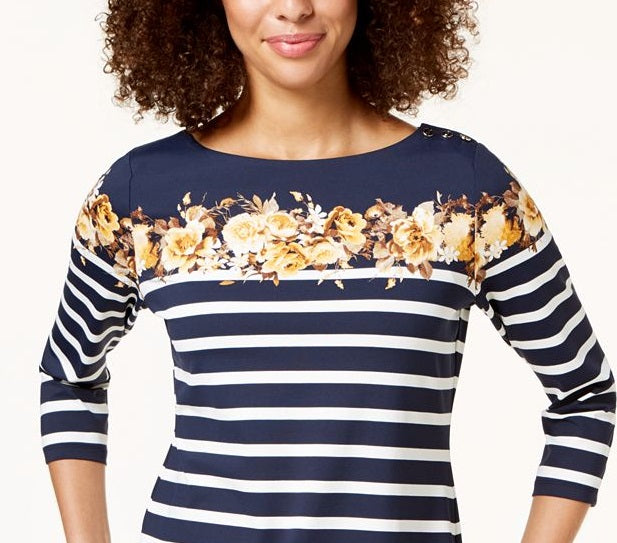 Charter Club Women's Striped 3/4 Sleeve Boat Neck Top Black Size Large