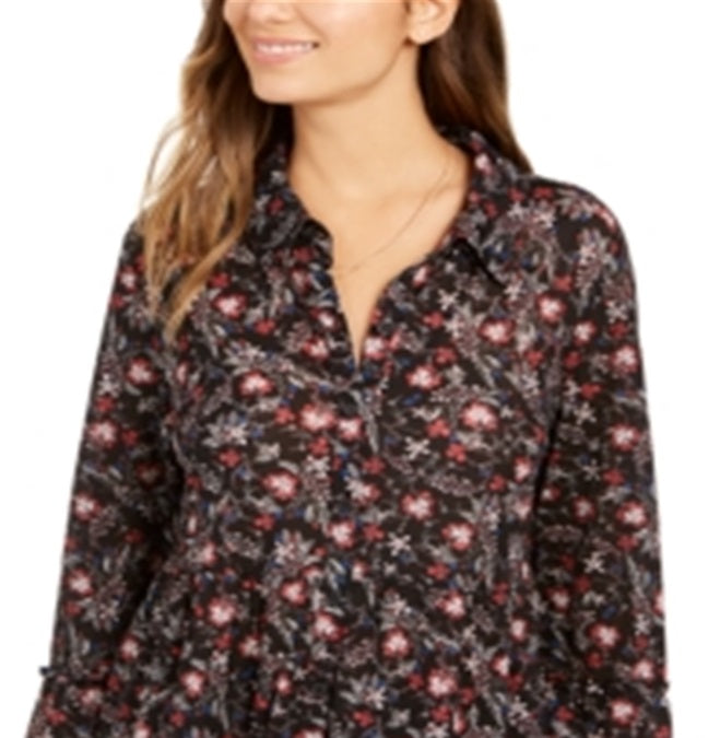 Style & Co Women's Floral Print Tiered Shirt Black SizePetite