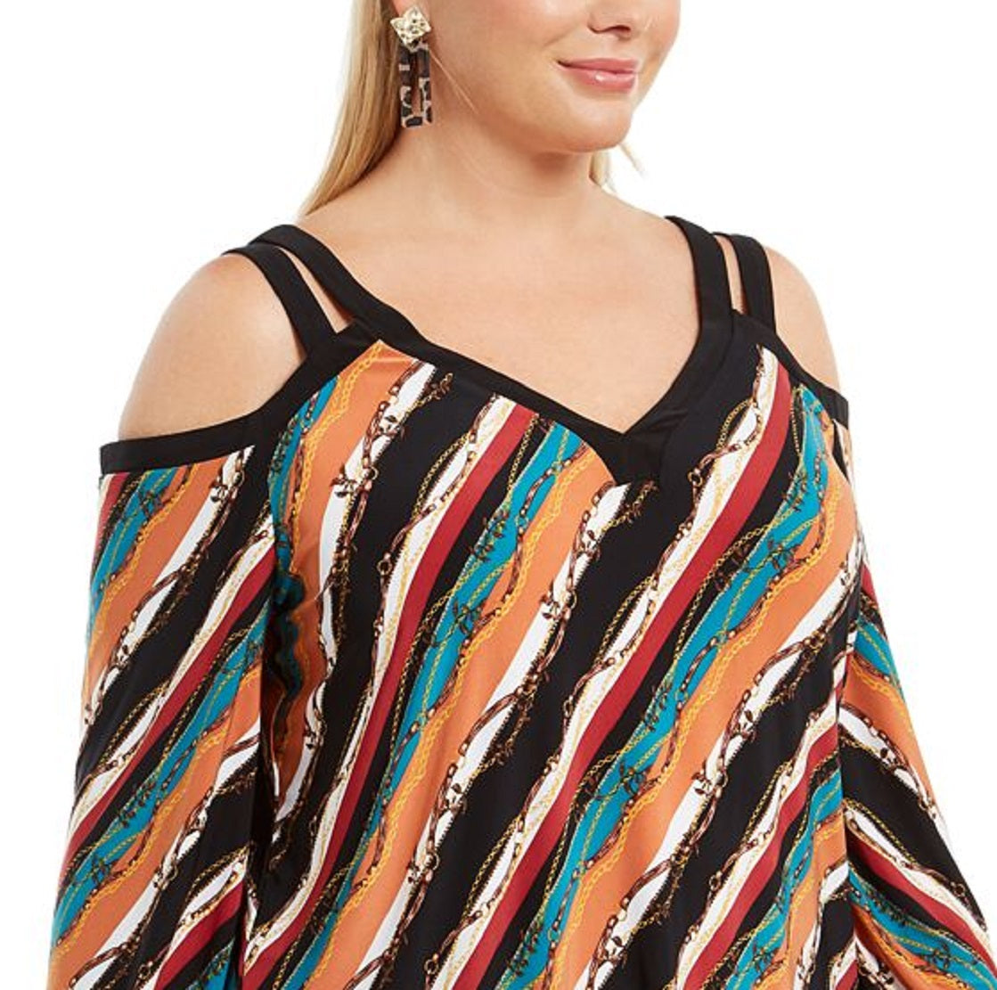 INC International Concepts Women's Printed Cold Shoulder Top Red Size 0X