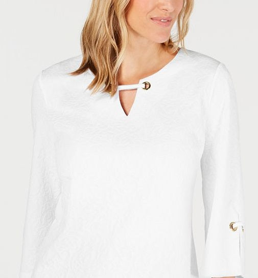JM Collection Women's Key Hole Textured Top White Size Petite