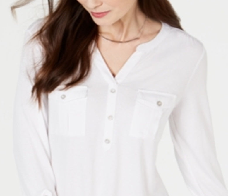 Style & Co Women's Roll Tab Popover Top White Size Petite