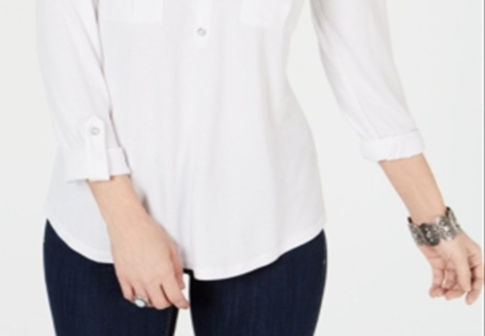 Style & Co Women's Roll Tab Popover Top White Size Petite