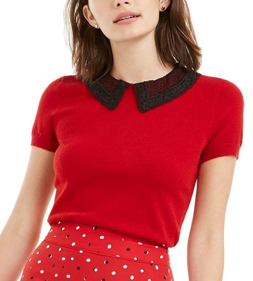 Maison Jules Women's Short Sleeve Peter Pan Collar Sweater Red Size X-Large