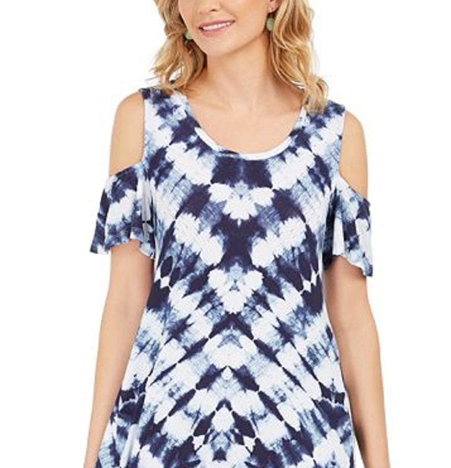 Style & Co Women's Tie Dyed Cold Shoulder Swing Dress Blue Size Petite M
