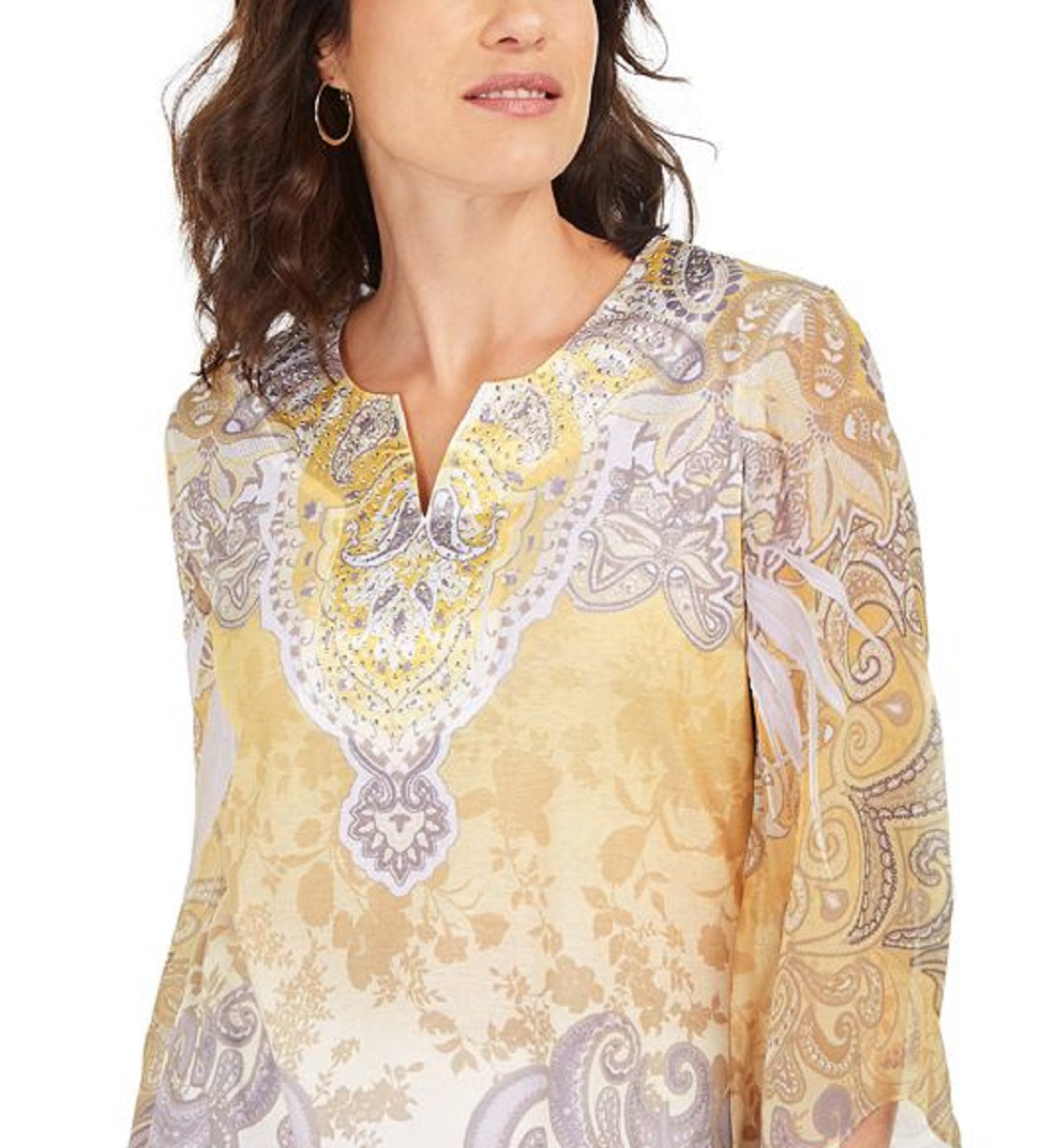 JM Collection Women's Embellished Split Neck Top Yellow Size Small