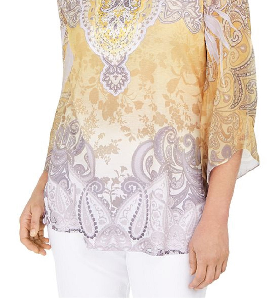 JM Collection Women's Embellished Split Neck Top Yellow Size Small