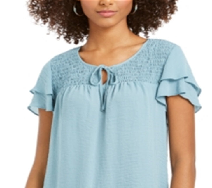 Style & Co Women's Smocked Flutter Sleeve Top Blue Size Medium