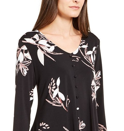 Alfani Women's Floral Print V Neck Blouse Black Size Medium