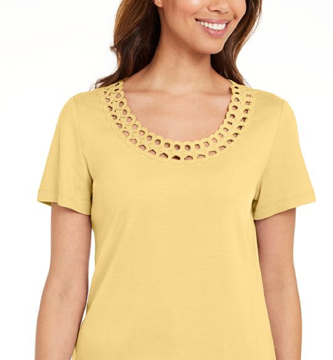 Karen Scott Women's Cotton Scalloped Neck T-Shirt Yellow Size X-Large