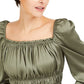 Bar III Women's Square Neck Smocked Puff Sleeve Top Green Size Large
