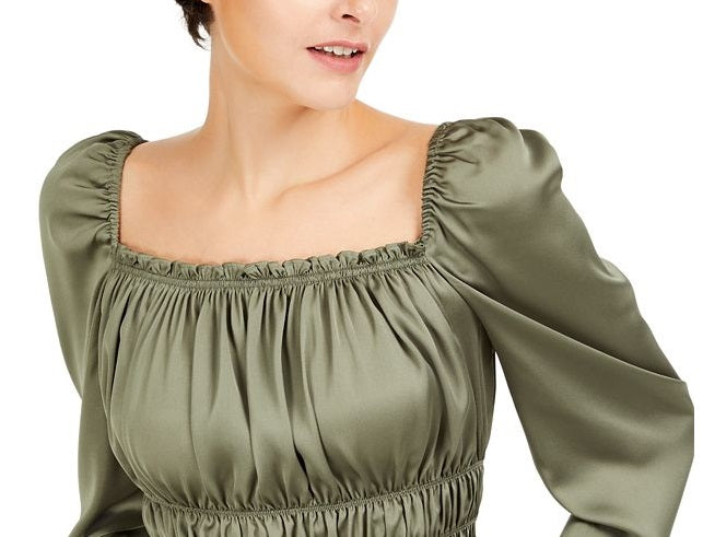 Bar III Women's Square Neck Smocked Puff Sleeve Top Green Size Large