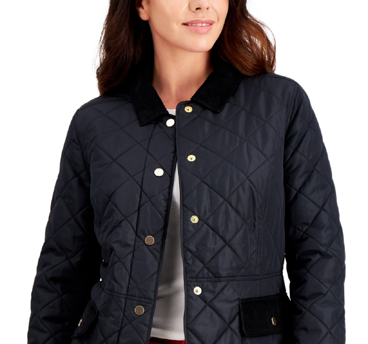 Charter Club Women's Quilted Corduroy Trim Jacket Black Size Large