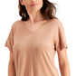 Ideology Women's Stretch Ribbed Short Sleeve V Neck T-Shirt Brown Size Medium