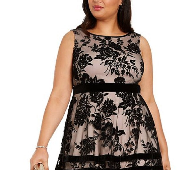 Taylor Women's Plus Velvet-Flocked MIDI Dress Black Size 20W