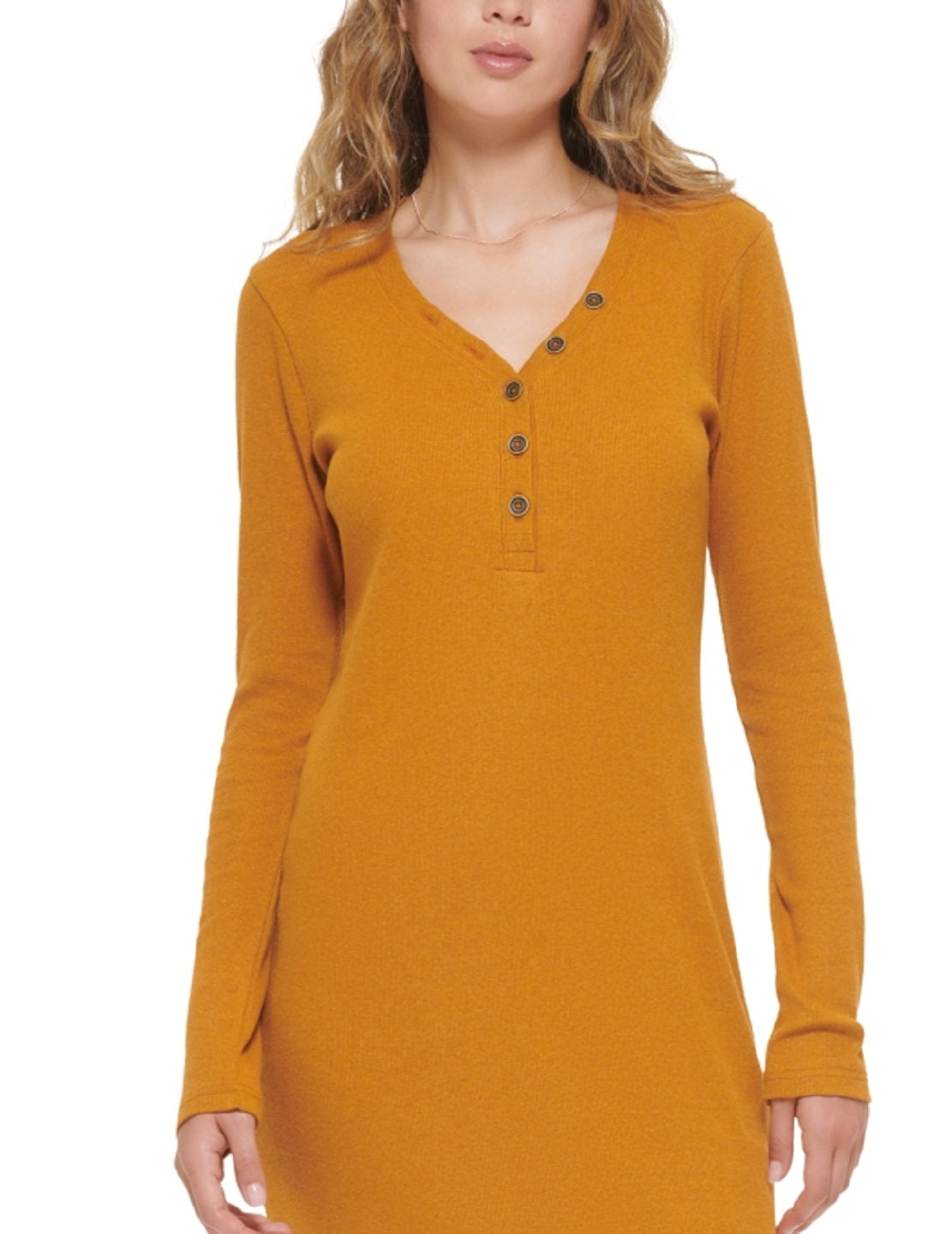 DKNY Women's Henley Neckline Long Sleeve Ribbed Dress Brown Size X-Large