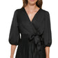 DKNY Women's Pleated Balloon Sleeve Faux Wrap Dress Black Size 10