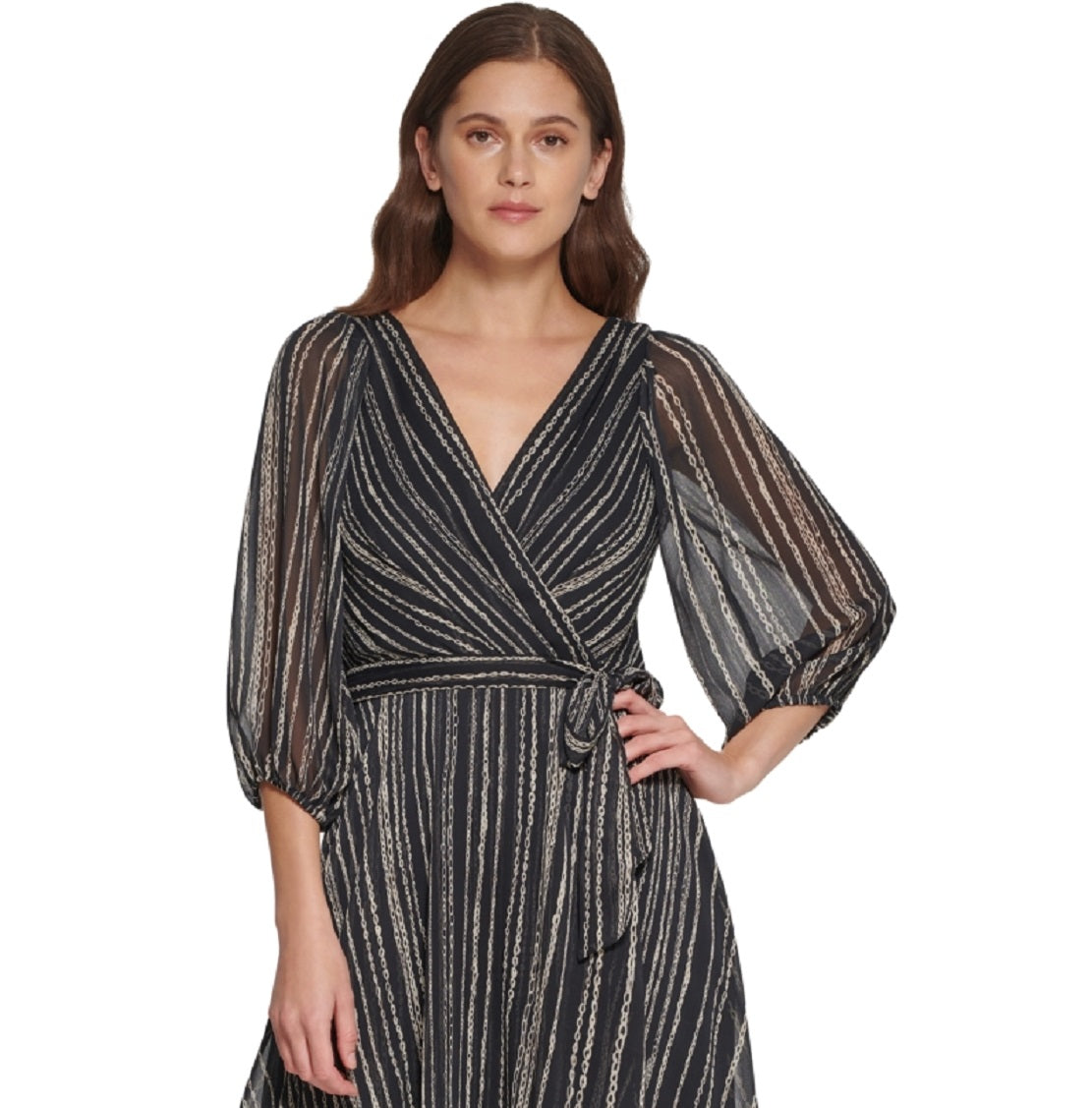 DKNY Women's Printed Chiffon Balloon Sleeve Wrap Midi Dress Black Size 6