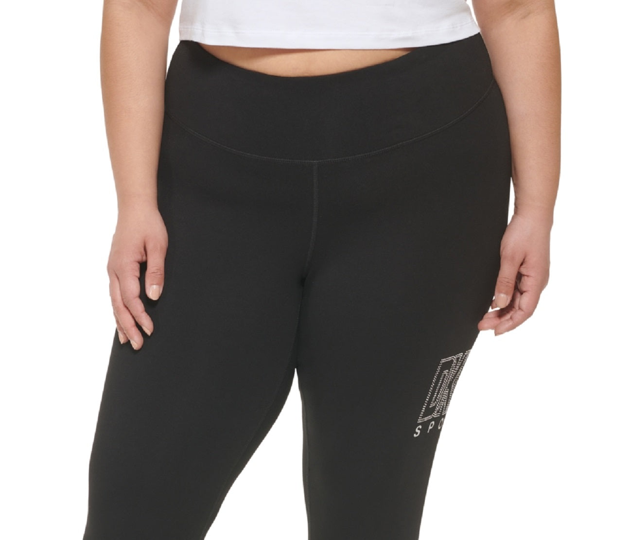 DKNY महिलाओं के एम्बेलिश्ड लोगो लेगिंग, काले रंग में, साइज़ 3X