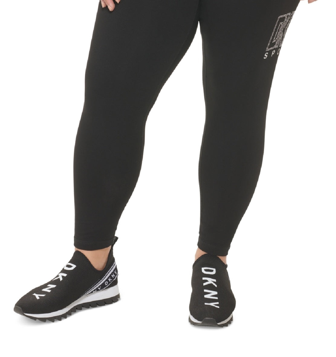 DKNY महिलाओं के एम्बेलिश्ड लोगो लेगिंग, काले रंग में, साइज़ 3X
