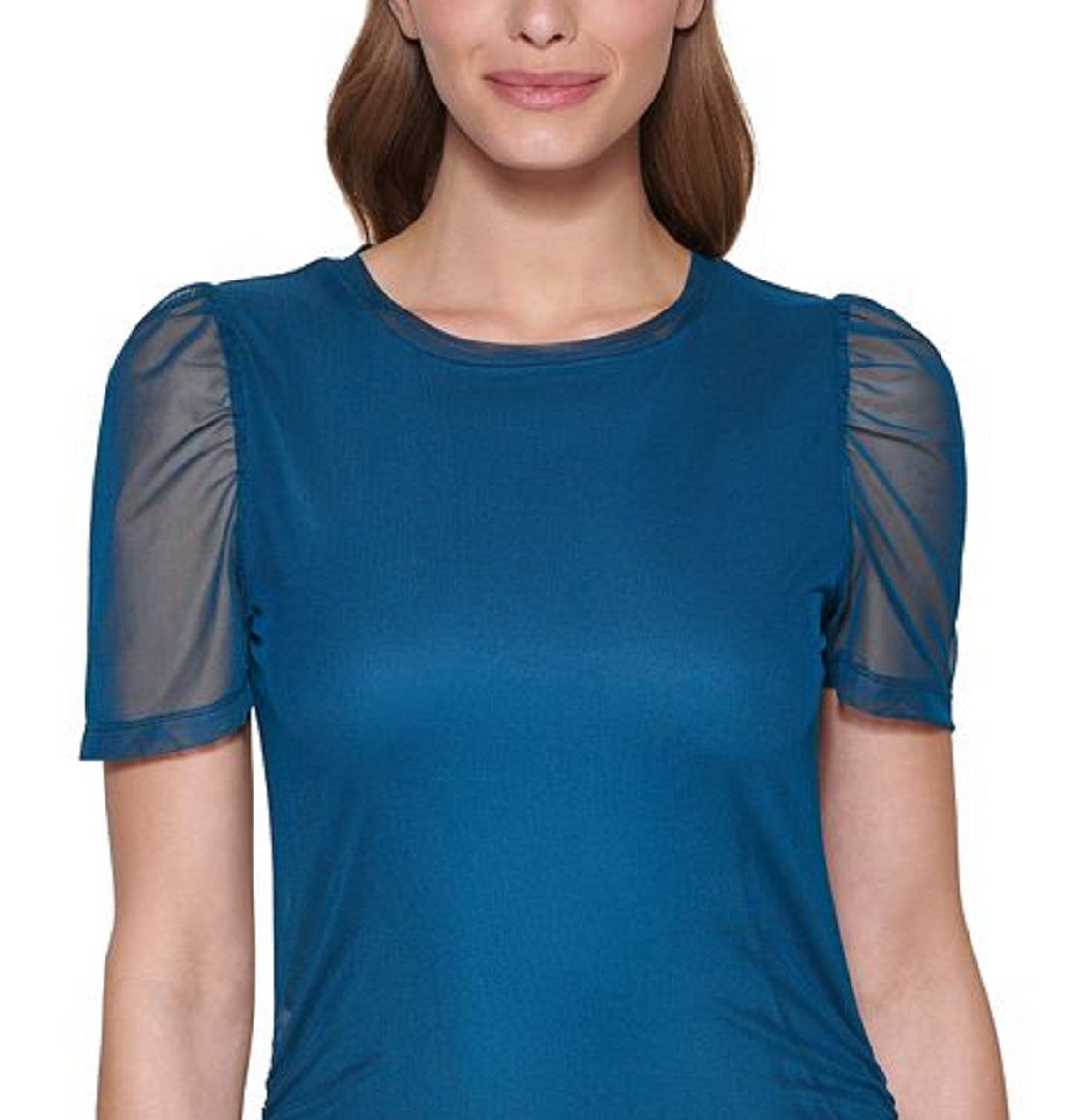 DKNY Women's Sheer Puff Sleeve Top Blue Size X-Large