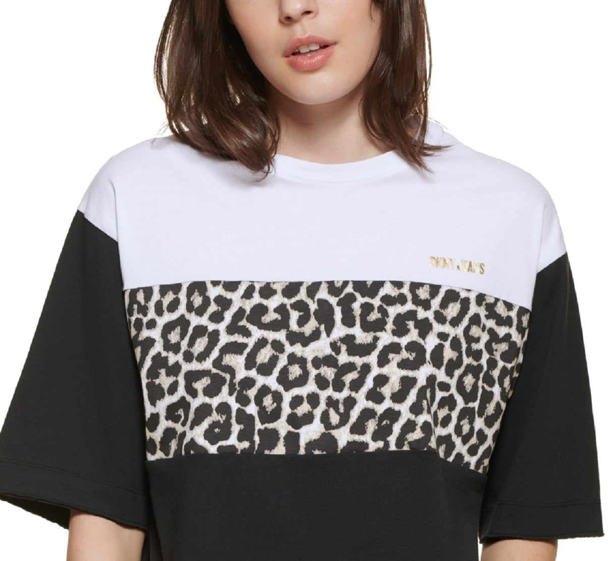DKNY Women's Cropped Leopard Logo T-Shirt White Size Small