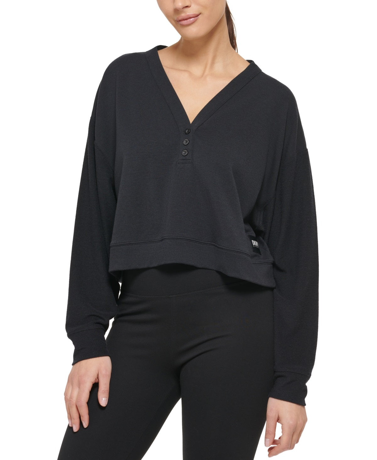 DKNY Women's Cropped Henley Lounge Sweatshirt Black Size Medium
