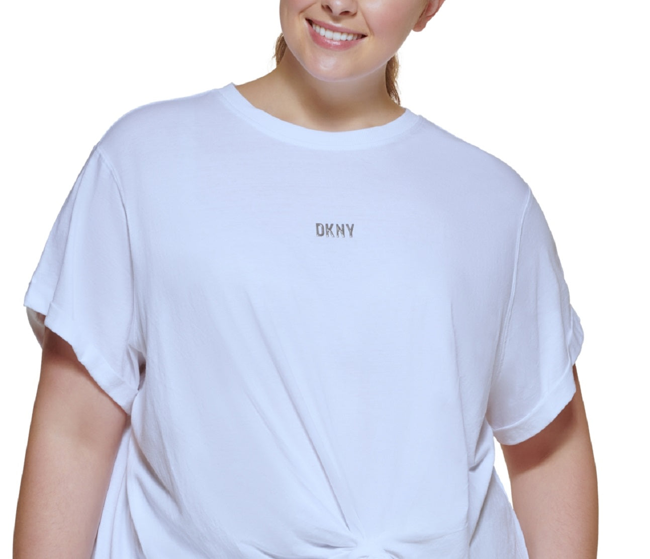 DKNY Women's Knot Front Metallic Logo T Shirt White Size 1X