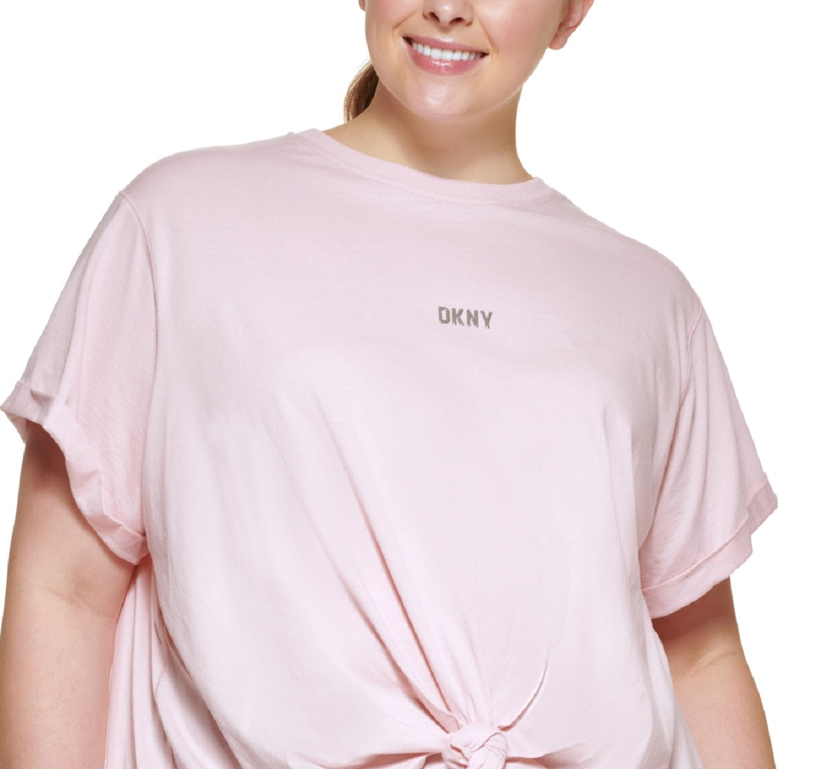 DKNY Women's Knot Front Metallic Logo T-Shirt Pink Size 1X