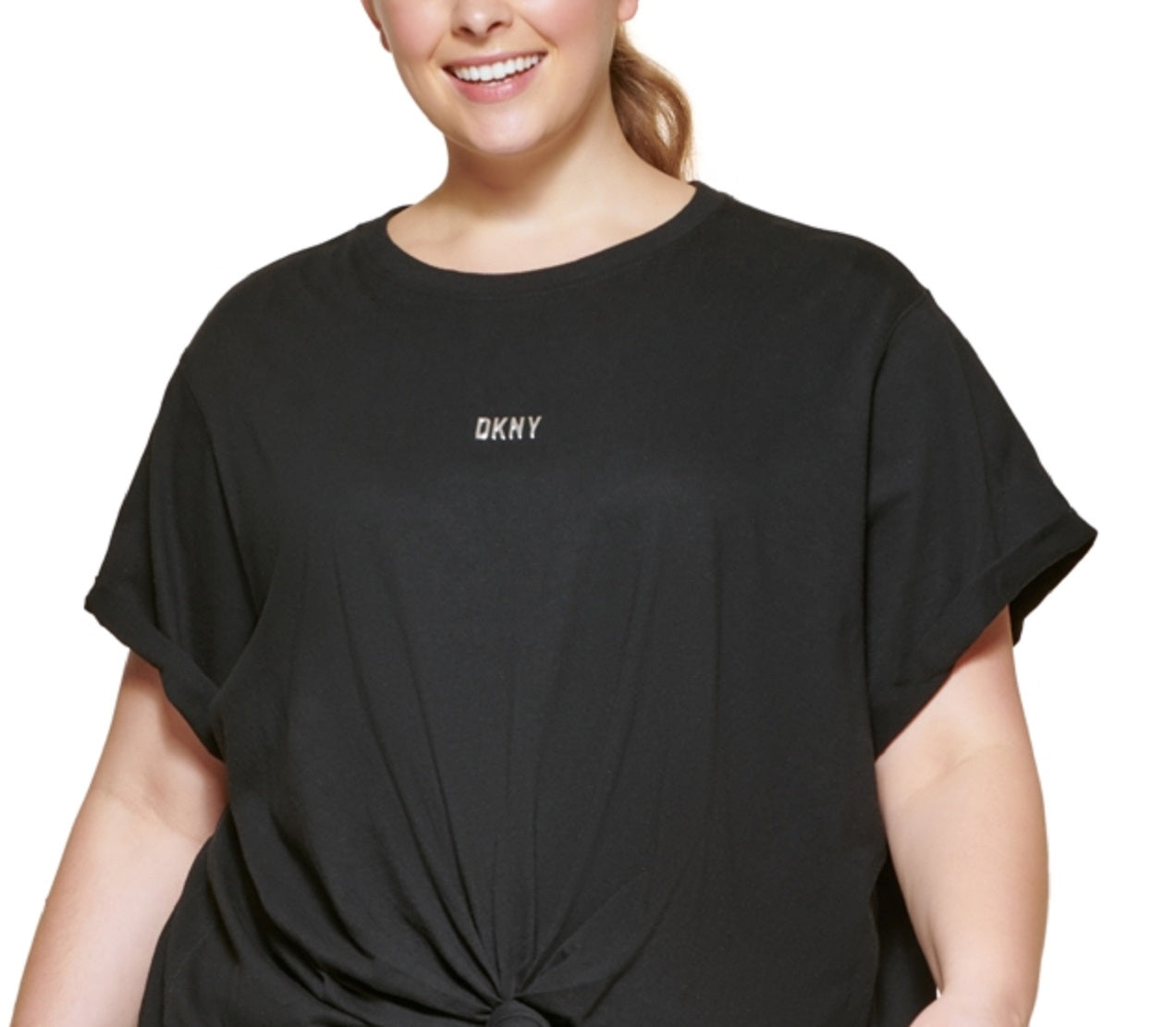 DKNY Women's Knot Front Metallic Logo T-Shirt Black Size 2X