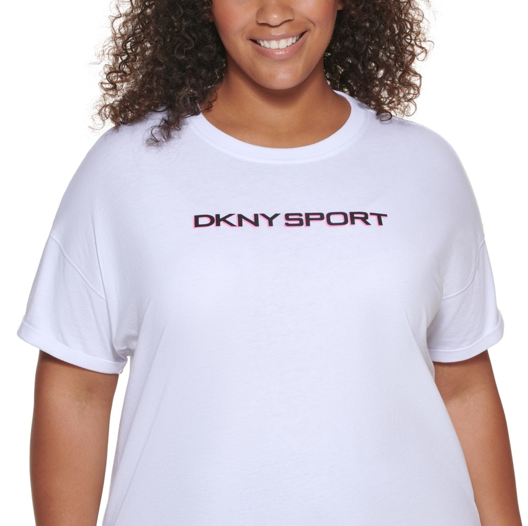 DKNY वीमेन स्पोर्ट प्लस कॉटन लोगो टी-शर्ट सफ़ेद साइज़ 2X