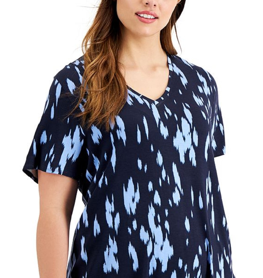 Alfani Women's Printed V Neck T-Shirt Blue Size 0X
