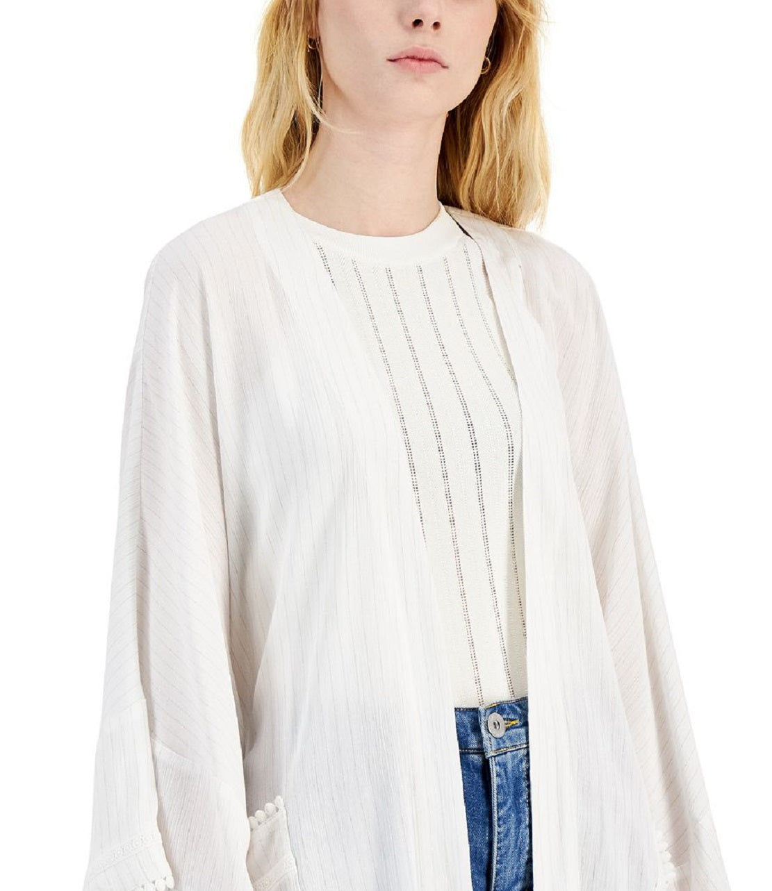 INC International Concepts Women's Metallic Crinkle Gauze Tie Waist Top White Size X-Large