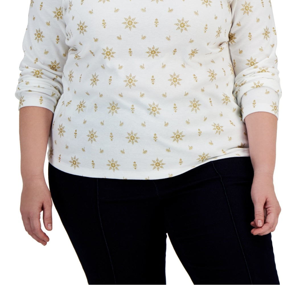 Karen Scott Women's Holiday Printed Mock Neck Top White Size 2X