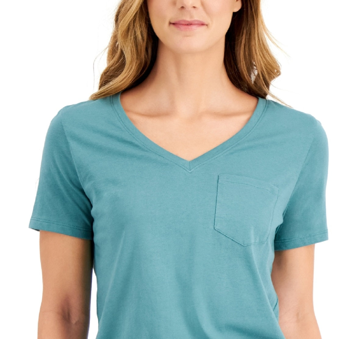 Style & Co Women's Cotton V Neck T-Shirt Green Size Petite Small