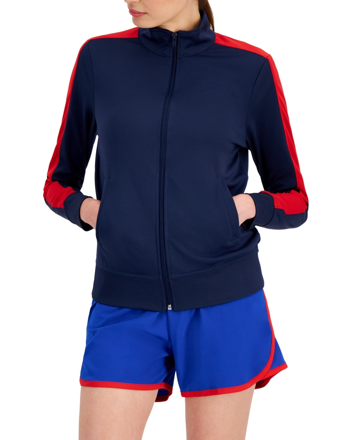 ID Ideology Women's Zip Striped-Sleeve Track Jacket Red Size X-Small